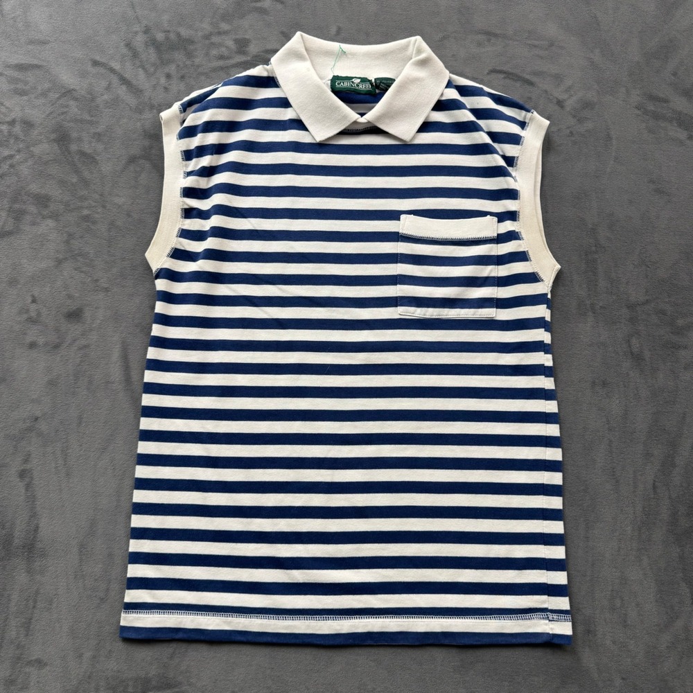 Vintage Cabin Creek Sleeveless Polo Shirt Blue White Striped Nautical Size M
